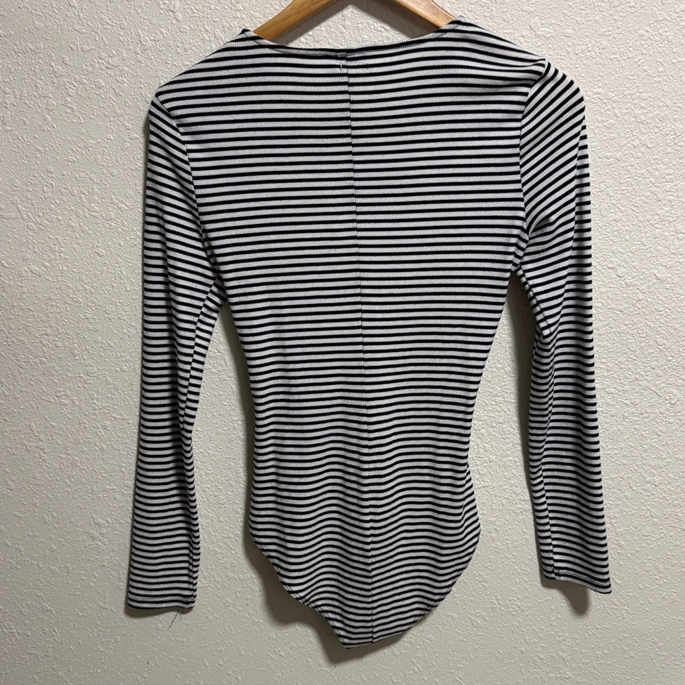 Who What Wear Womens Striped Ribbed Lace‎ Up Long Sleeve Bodysuit Black White M - Picture 6 of 7